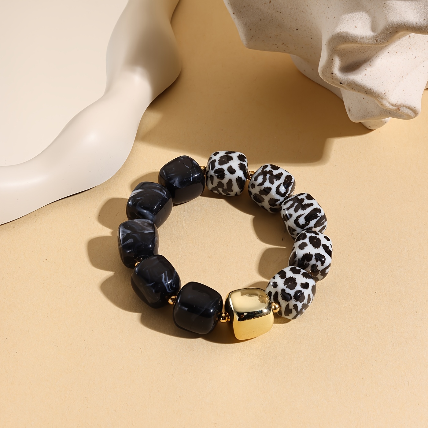 Leopard Print Dopamine Color Block Beaded Stretch Bracelet